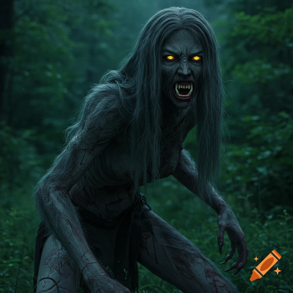 Photorealistic image of an emaciated grey female werewolf with glowing eyes and bared teeth in a forest.