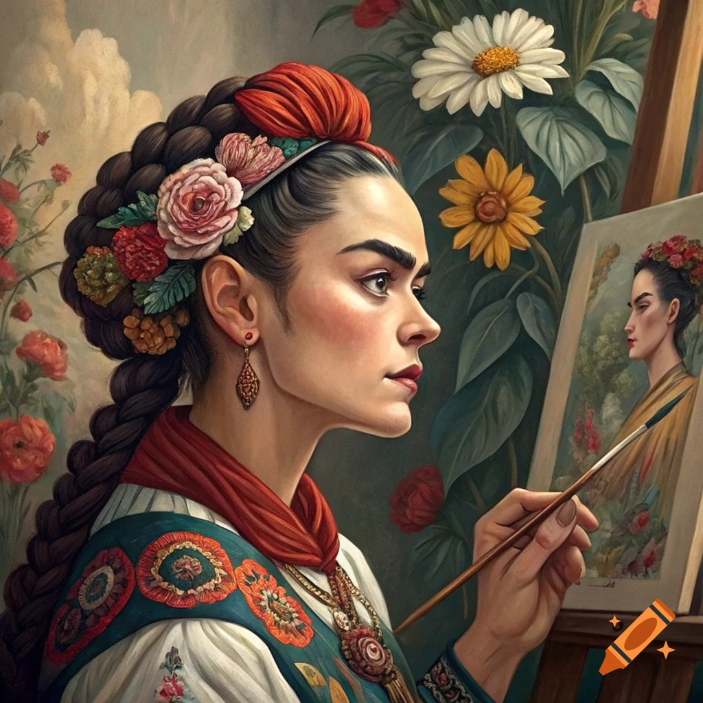 Painterly portrait of a woman in traditional dress painting a self-portrait at an easel, surrounded by flowers.