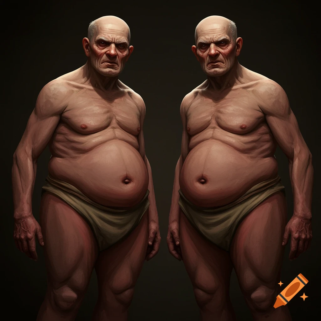 Hyperrealistic image of two elderly men in briefs, showing aged faces and large, soft bodies.