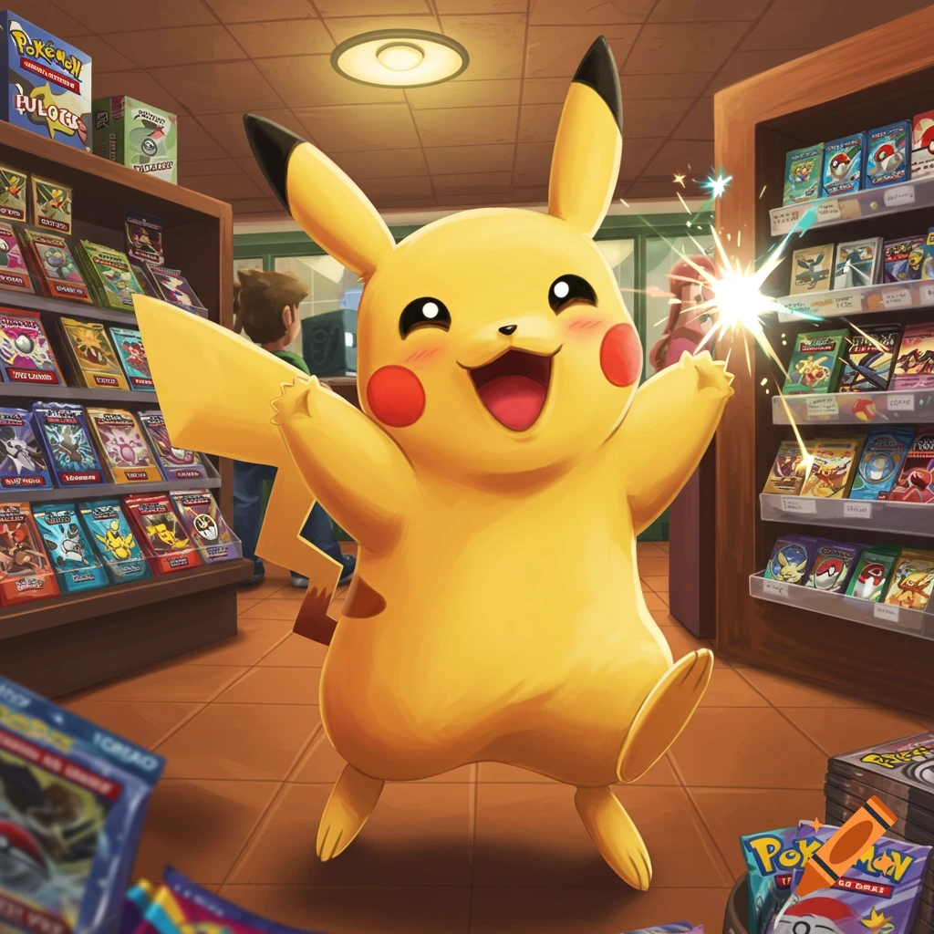 Happy Pikachu jumping in a shop filled with Pok

emon cards.