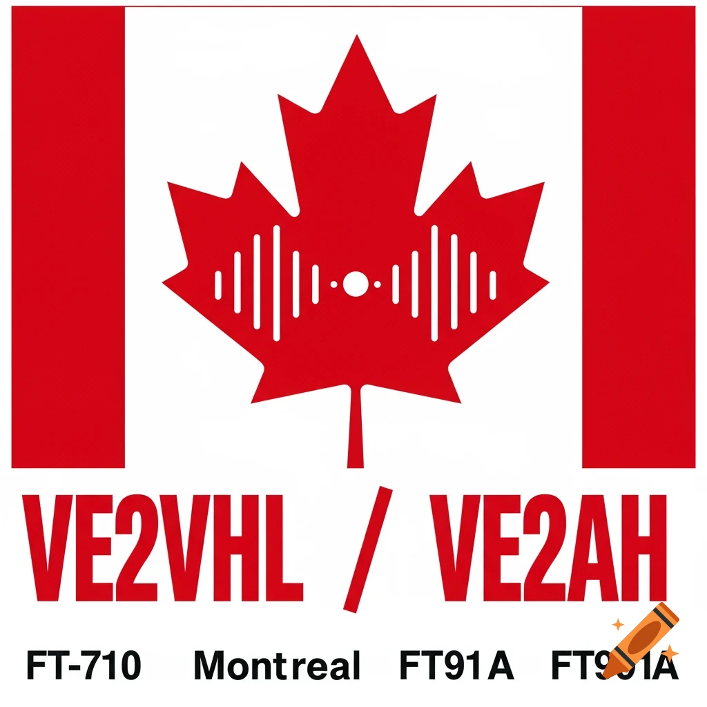 Logo like the Canadian flag with an equalizer graphic in the maple leaf and text "VE2VHL / VE2AH" and "FT-710 Montreal FT91A FT991A" below.