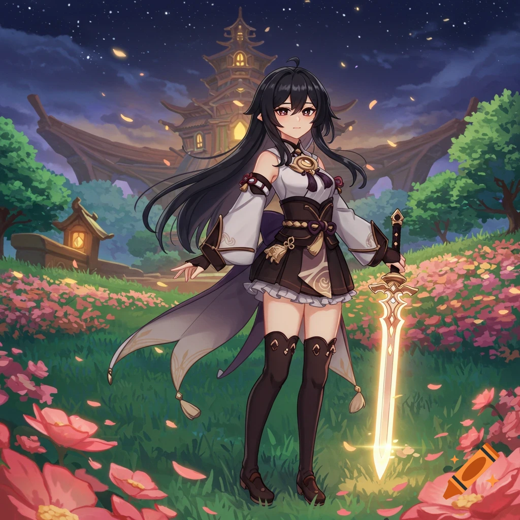 Anime girl with black hair holding a glowing sword in a flower field at night, with a traditional building in the background.