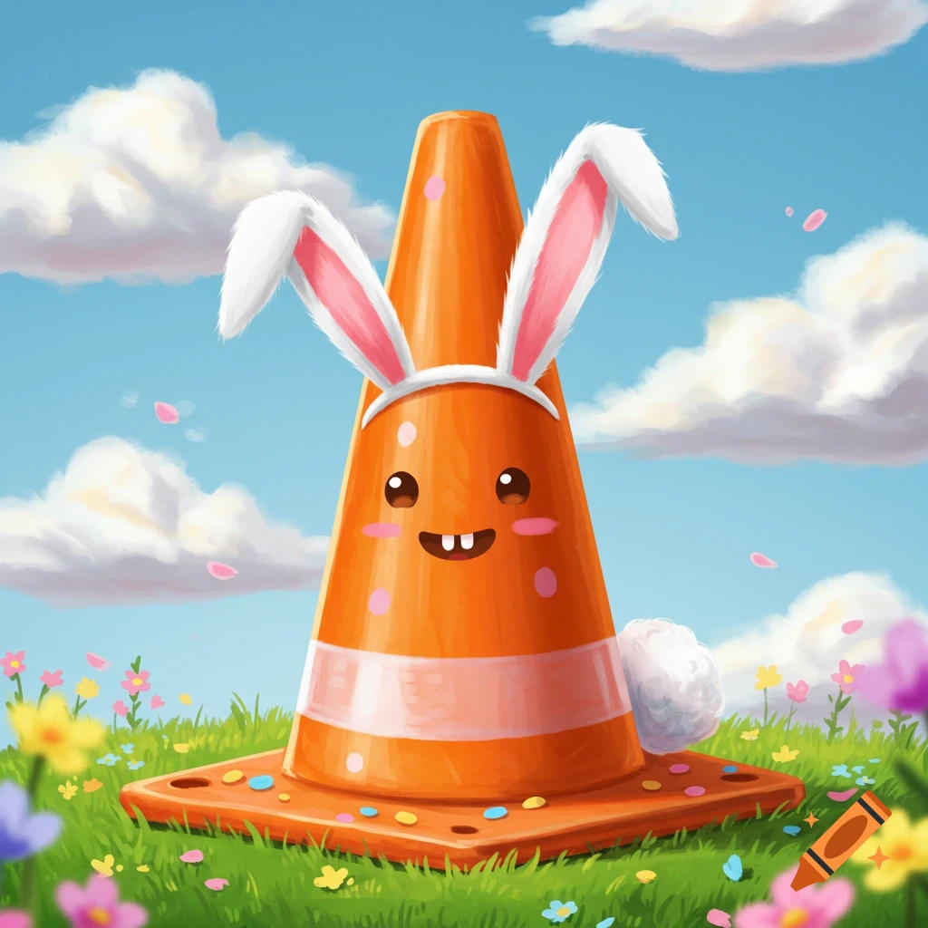 A cute orange traffic cone wearing bunny ears and a fluffy tail sits in a field of colorful flowers under a cloudy blue sky.