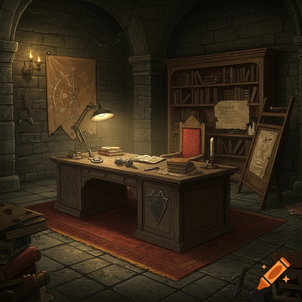 A fantasy dungeon study with a desk, chair, bookshelf, and arcane symbols.
