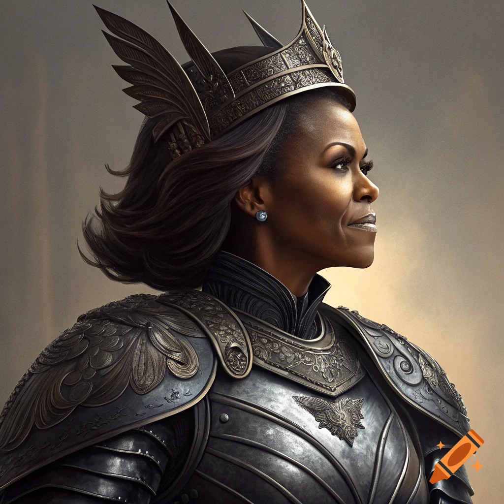 Portrait of Michelle Obama as a fantasy warrior in dark armor and crown.