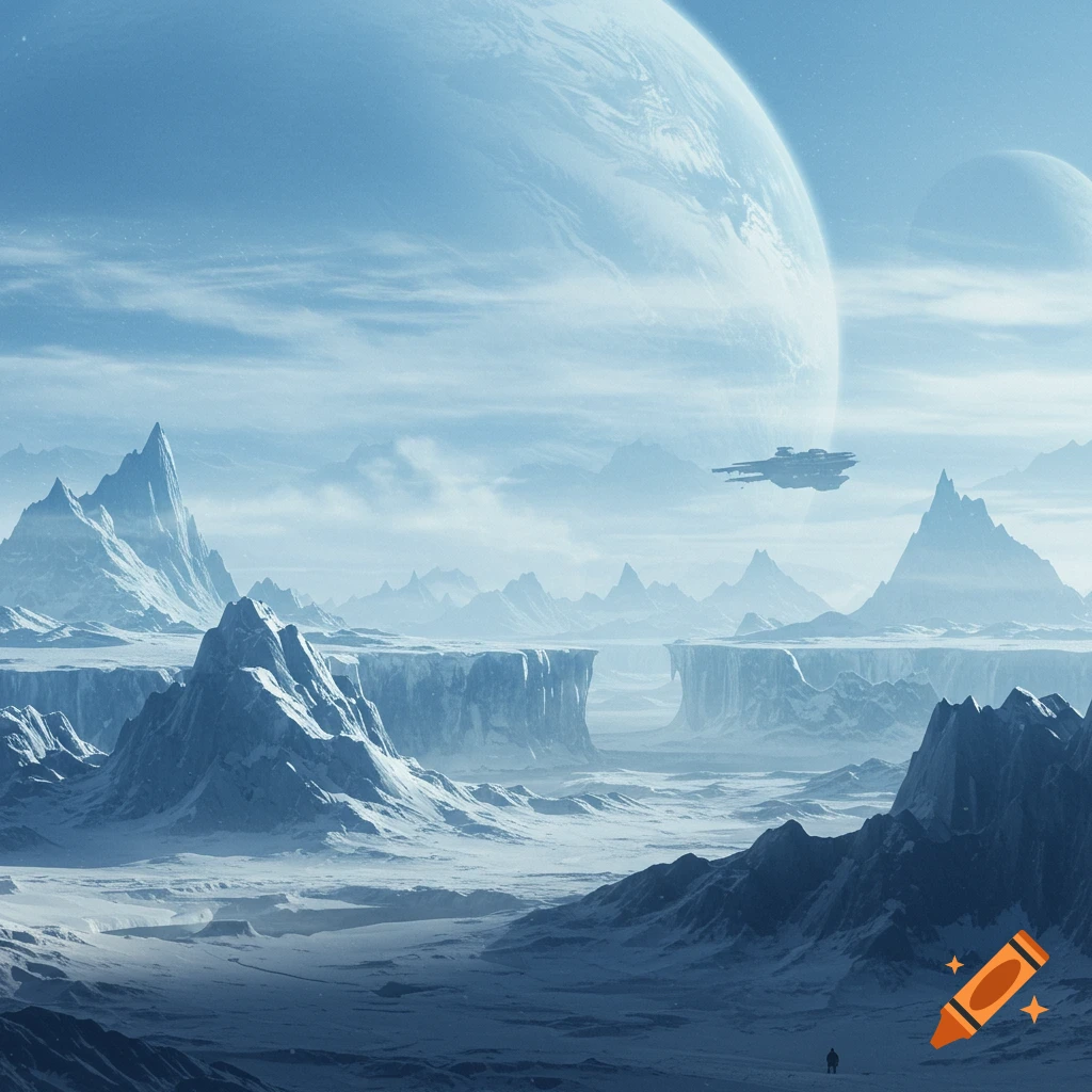 A frozen alien planet landscape with large planets in the sky, a spaceship, and a lone figure.