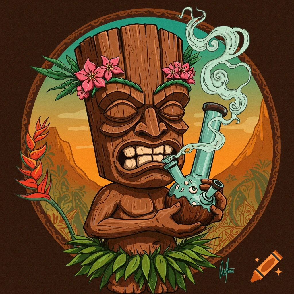 A Tiki statue holding and smoking a bong, with flowers and leaves, set against a tropical landscape background.