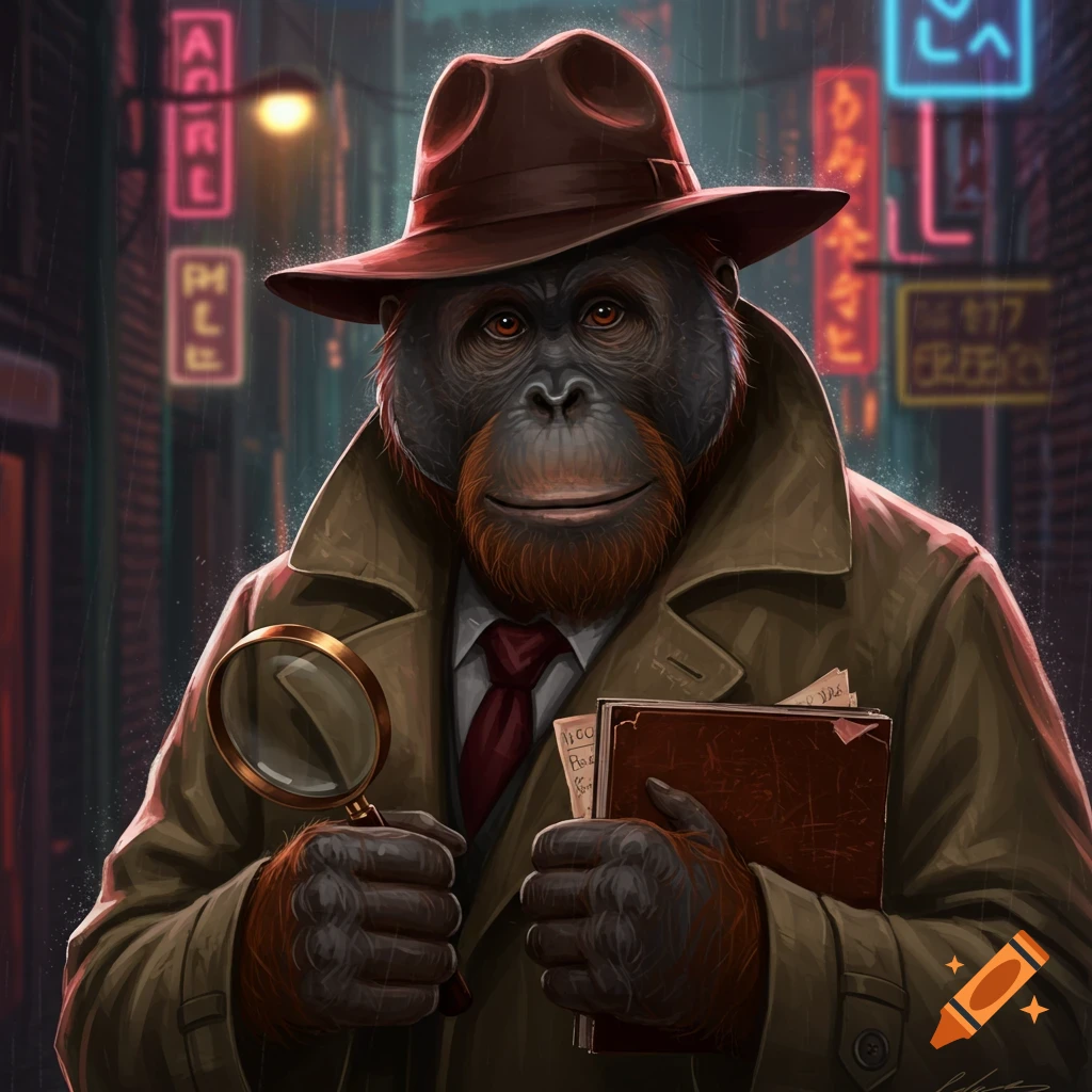 An orangutan wearing a trench coat and hat, holding a magnifying glass and book, stands in a rainy city street with neon signs.