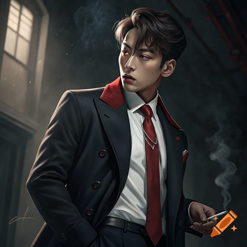 A man in a black suit with red lapels smoking a cigarette.
