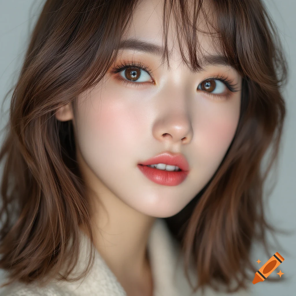Close-up portrait of a young woman with makeup and brown hair.