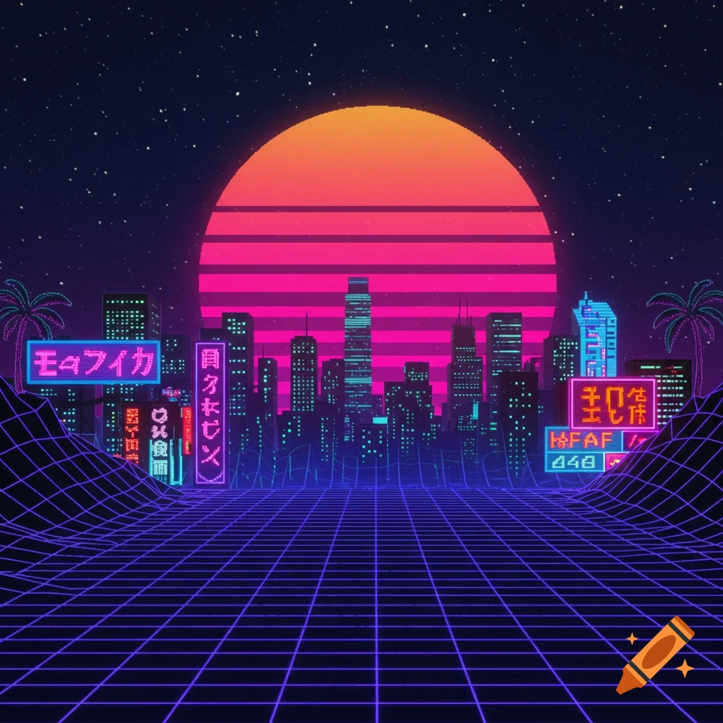 A pixel art futuristic city skyline at night with a retro grid landscape and a large synthwave sunset.