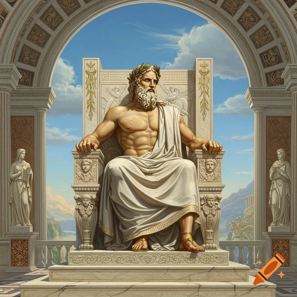 Painting of the Greek god Zeus seated on his throne in a classical setting.