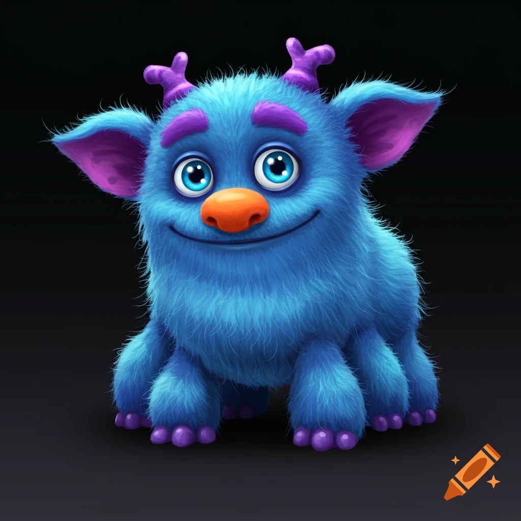 A furry blue monster with purple horns, blue eyes, and an orange nose.