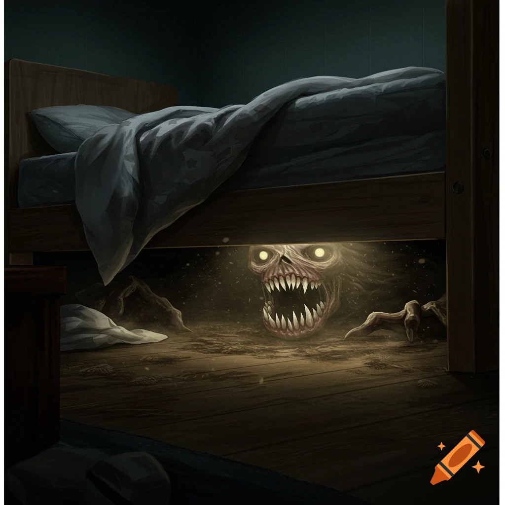 A scary monster with glowing eyes and sharp teeth peers out from under a bed.
