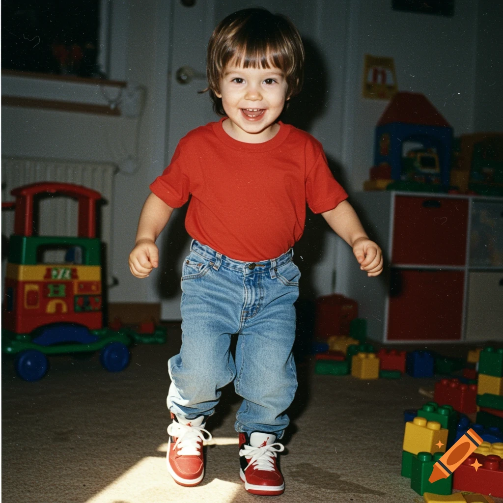 Young child smiling and jumping while playing with toys in a room.