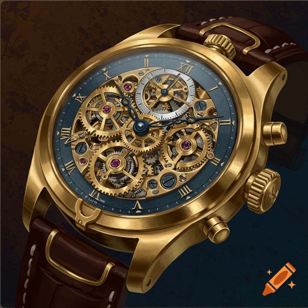 A close-up of a gold mechanical watch with an open dial showing intricate gears, on a brown leather strap.