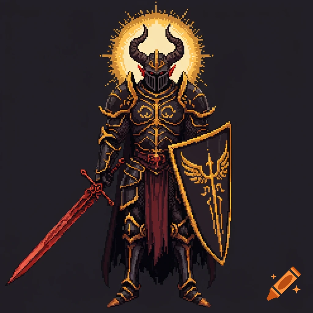 Pixel art of a demonic knight in black and gold armor with horns, holding a sword and shield, with a halo behind him.