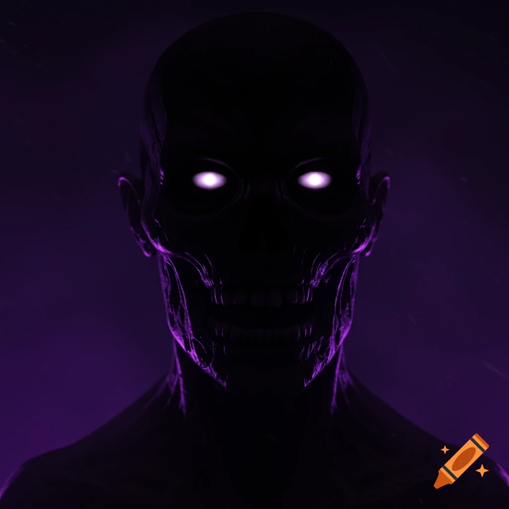 Dark bust-up silhouette of a zombie with glowing purple eyes, lit from below.