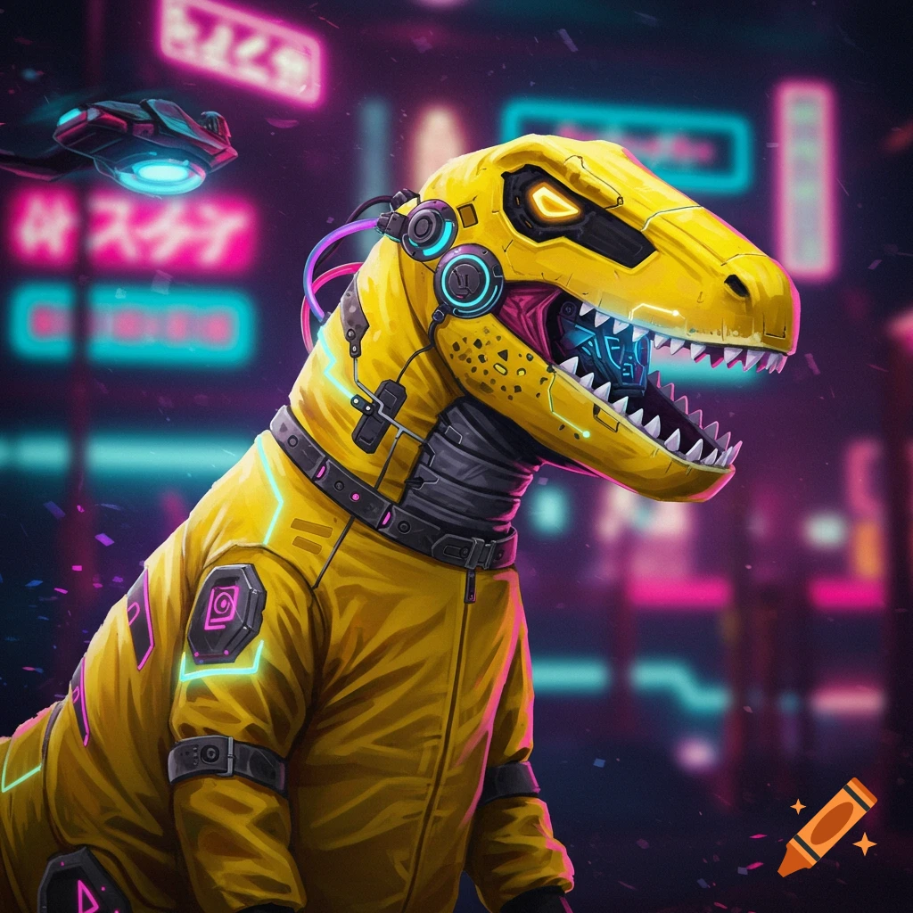 A cyberpunk yellow dinosaur in a costume with glowing details and headphones.