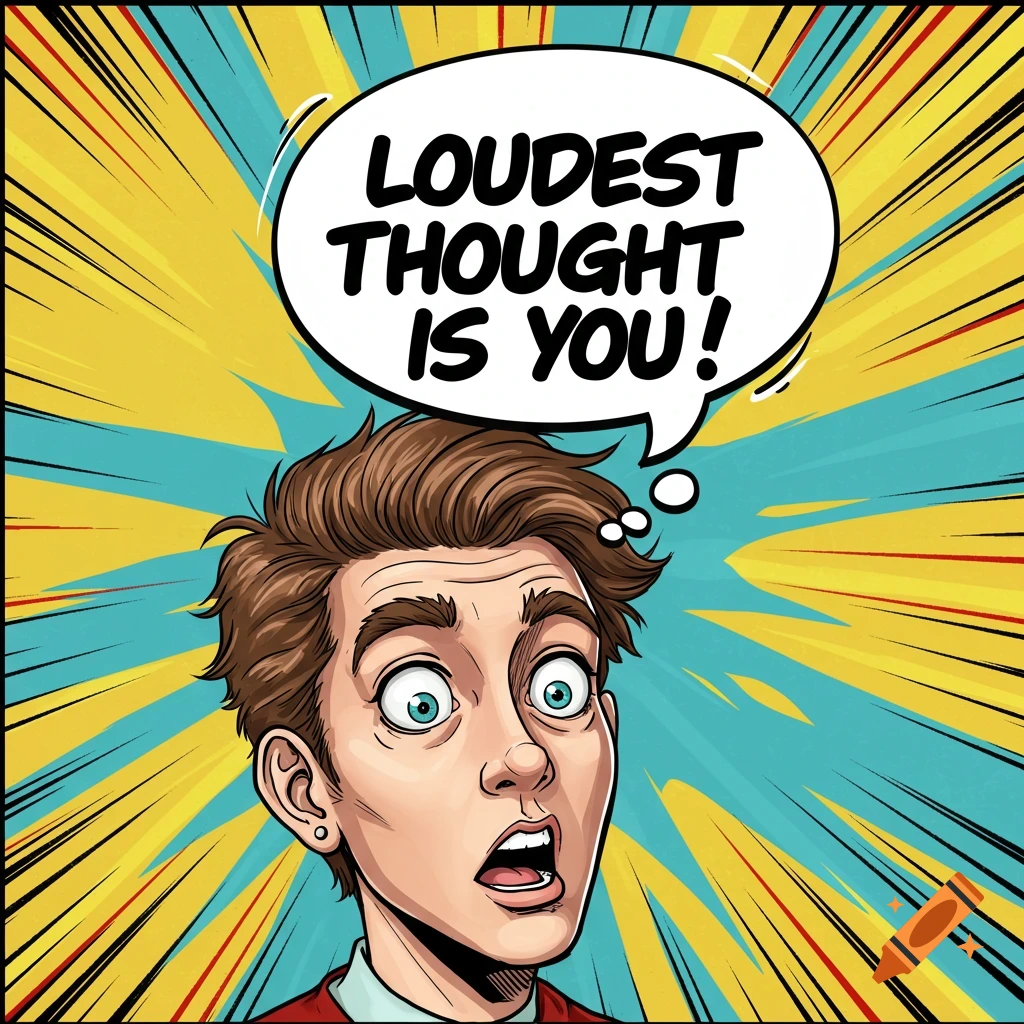 Comic illustration of a surprised person with a speech bubble saying 'LOUDEST THOUGHT IS YOU!'