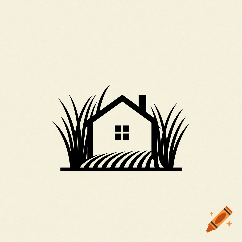 A black silhouette logo of a house framed by tall grass with a field in front.