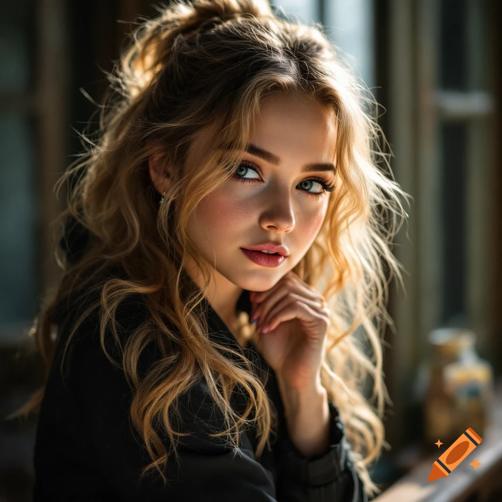 Close-up photorealistic portrait of a young woman with blonde hair and blue eyes looking at the camera.