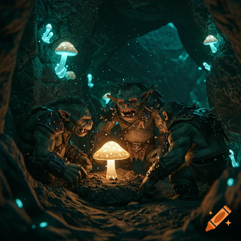 Three trolls gather around a glowing mushroom in a dark cave.