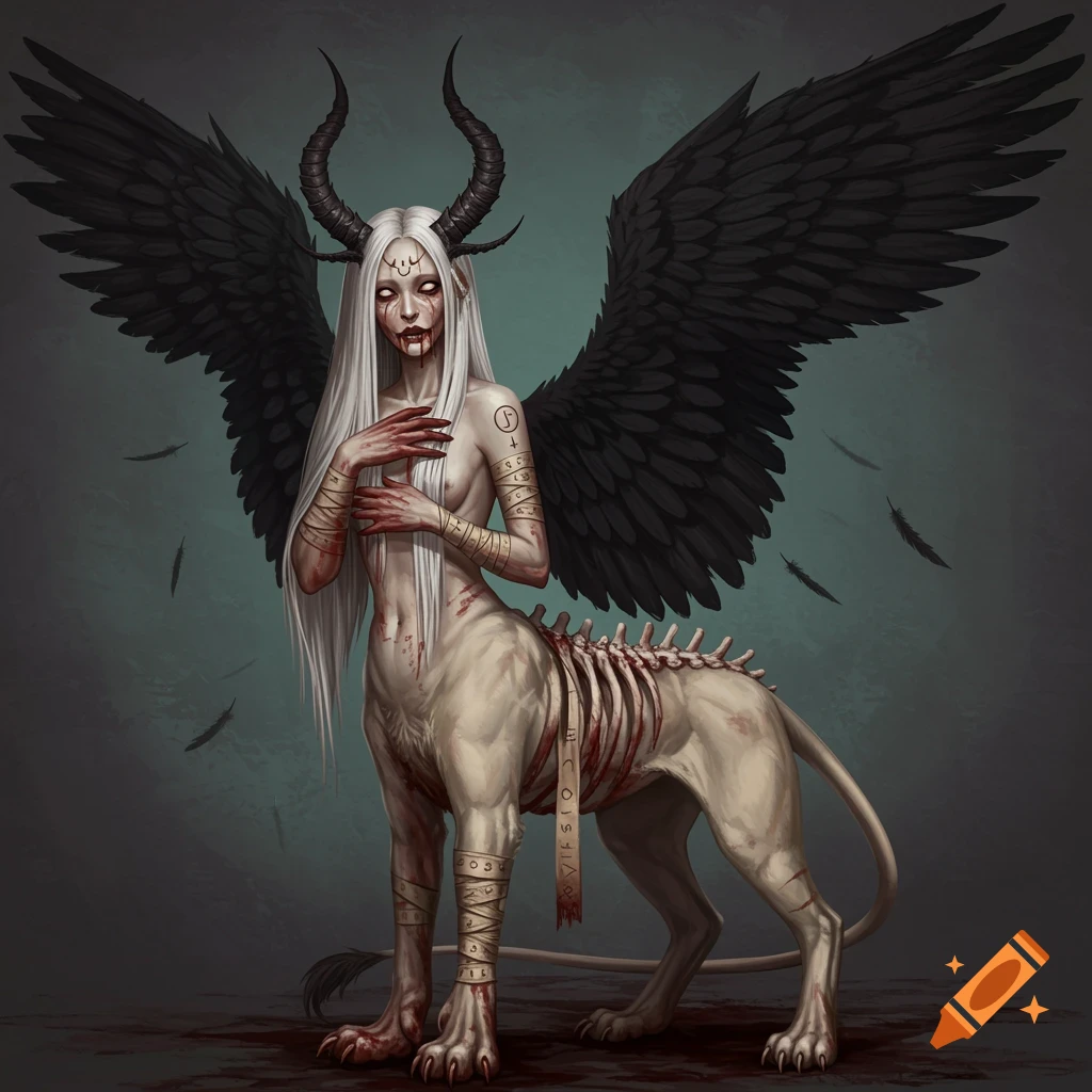 A winged, horned undead lamia creature with a lion body, exposed ribs, and blood.