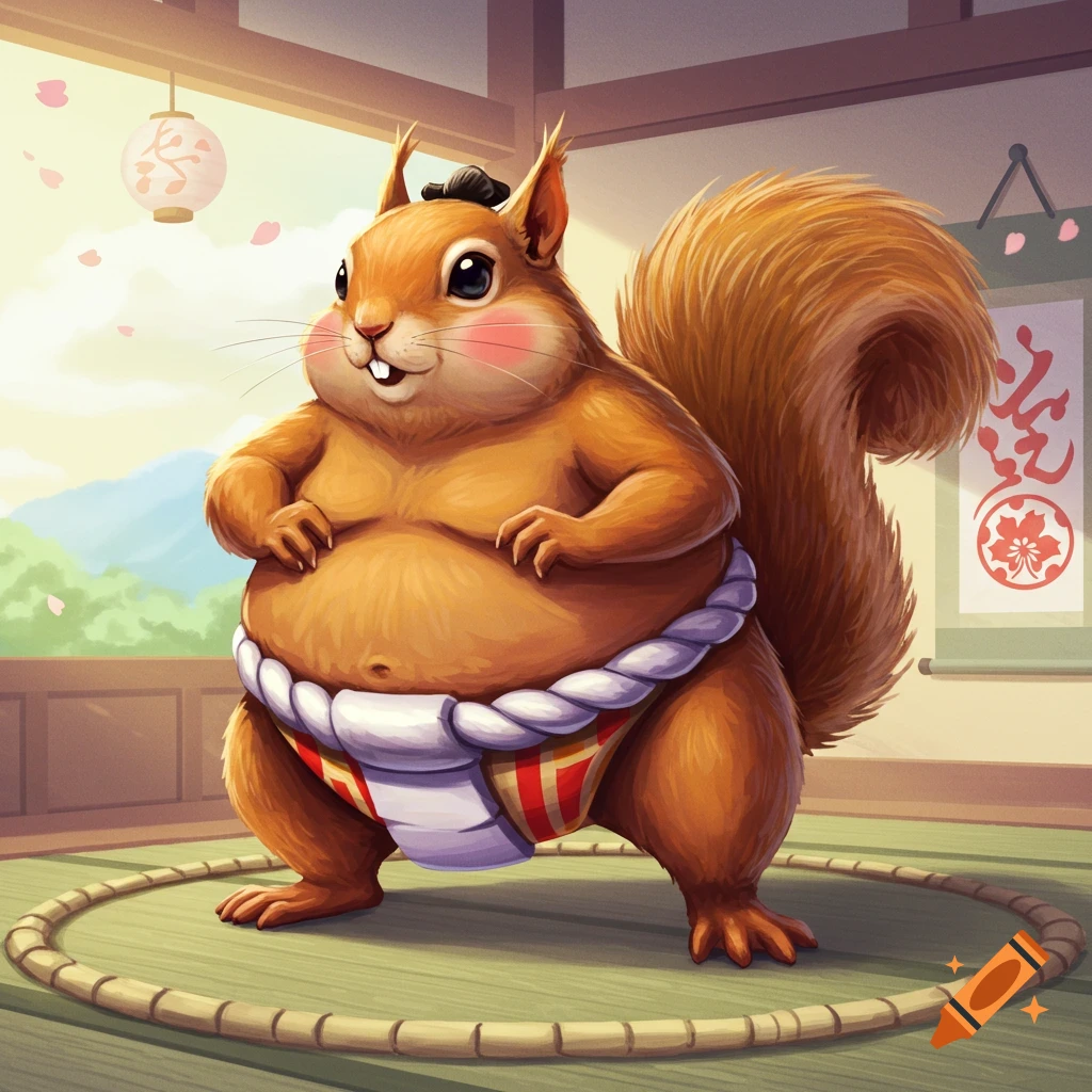 A sumo squirrel stands in a sumo ring