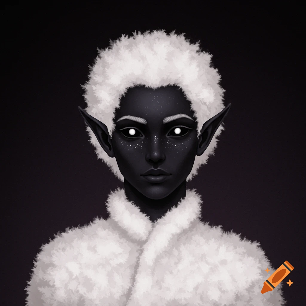 A dark-skinned humanoid with white fluffy hair, pointed ears, and glowing white eyes.