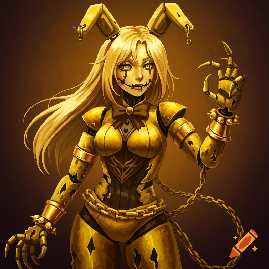Stylized golden animatronic bunny character with claws and chains