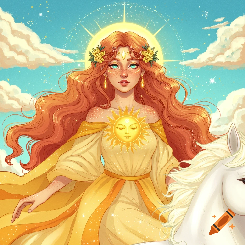 A sun goddess with red hair and a yellow dress rides a white horse under a bright sky with clouds and sun rays.