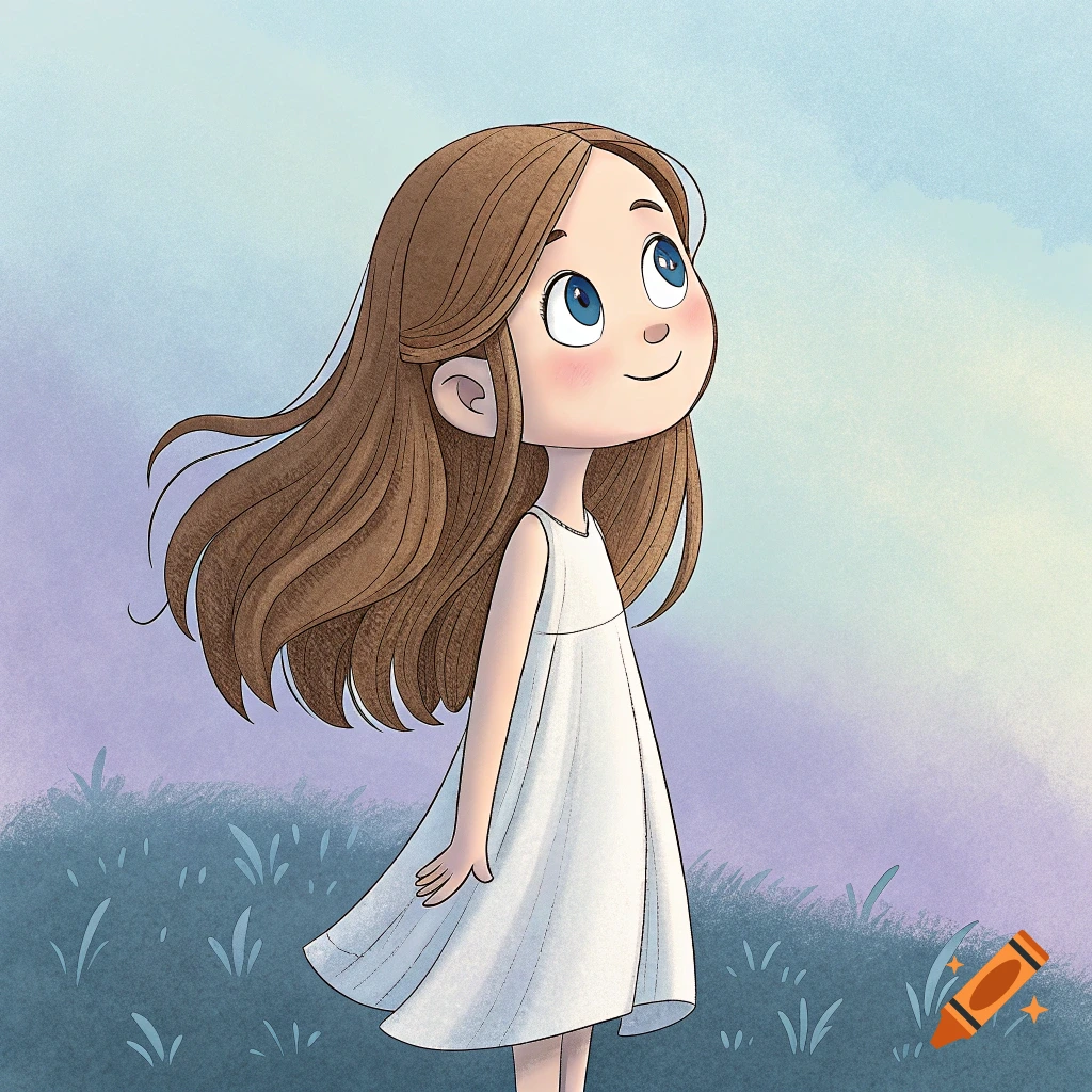 Cartoon illustration of a young girl looking up in a white dress standing in grass against a pastel sky.