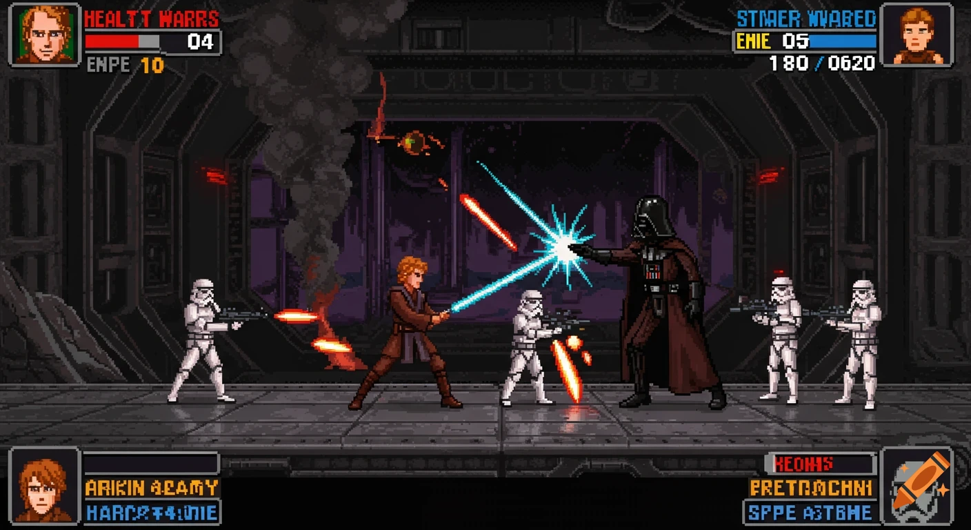 Pixel art depiction of Anakin Skywalker fighting Darth Vader and Stormtroopers in a 16-bit video game style with UI elements.