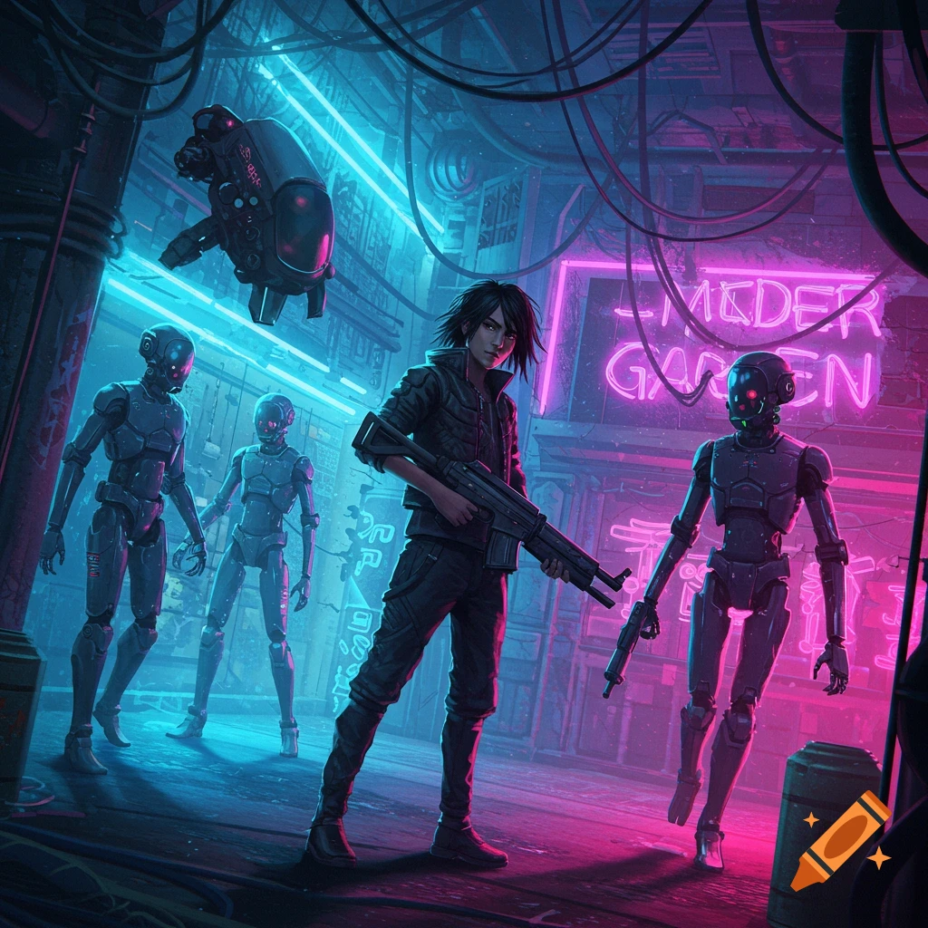 A character with a rifle stands in a neon-lit cyberpunk street with humanoid robots and a drone.