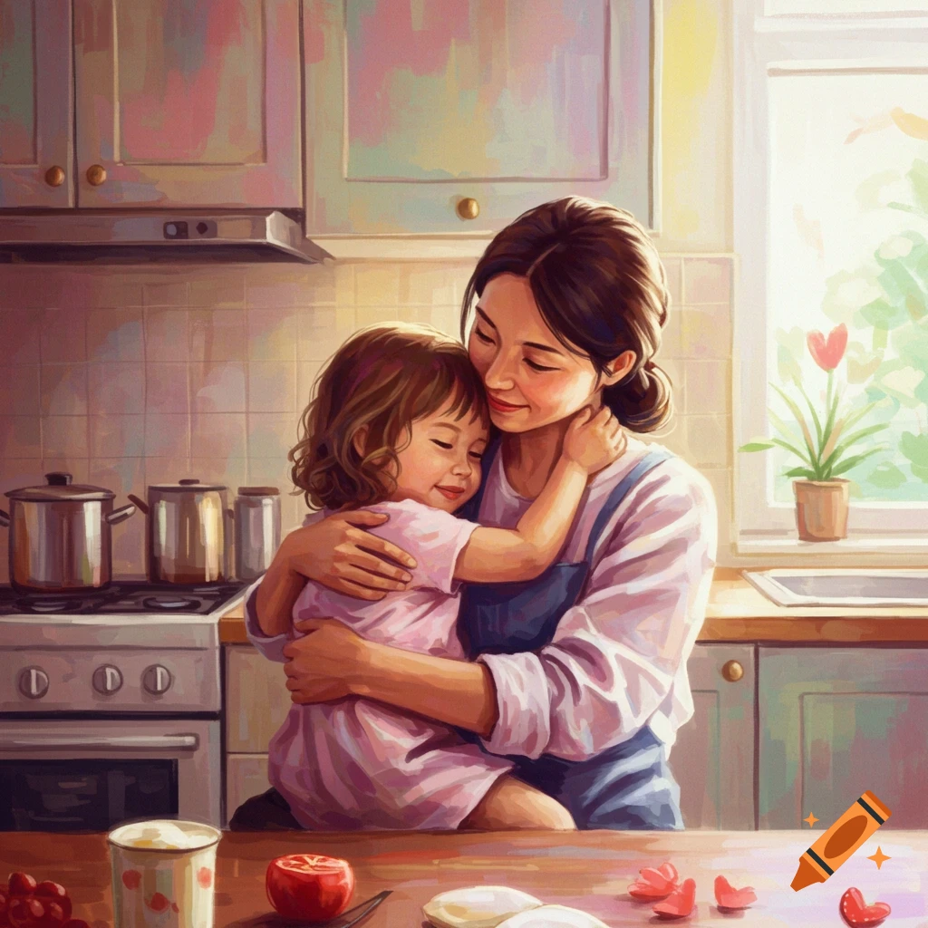 A mother and child embrace in a kitchen, depicted in a soft, abstract painterly style.