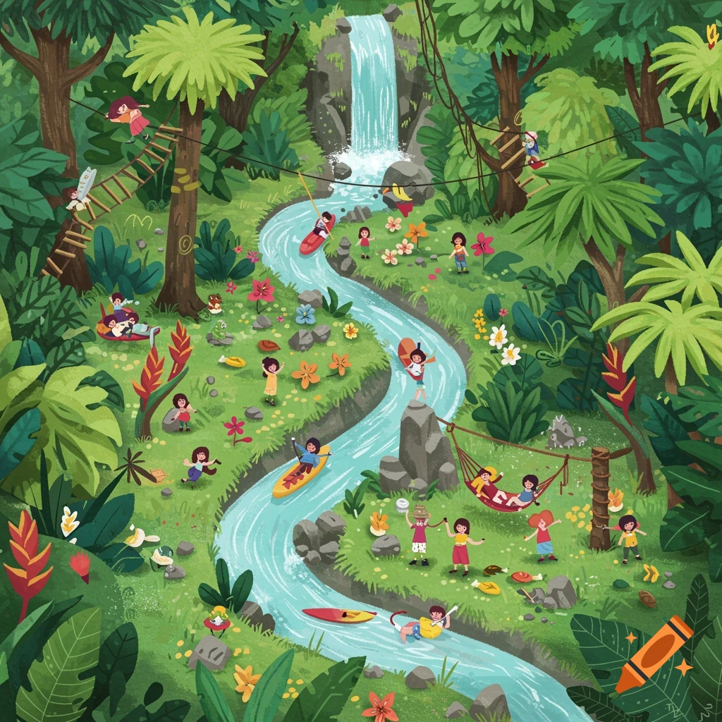 Whimsical depiction of people playing in a lush jungle with a river, waterfall, kayaks, and zip lines.