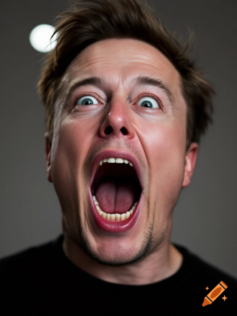 Close-up photorealistic portrait of a man with wide open mouth and wide eyes looking up.