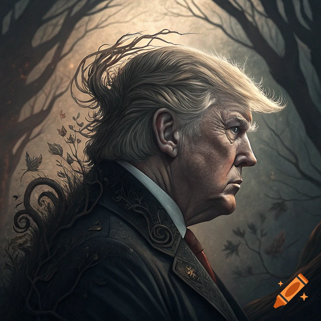 Profile portrait of Donald Trump in a dark fantasy style, with tree roots and branches integrated into his clothing and hair.