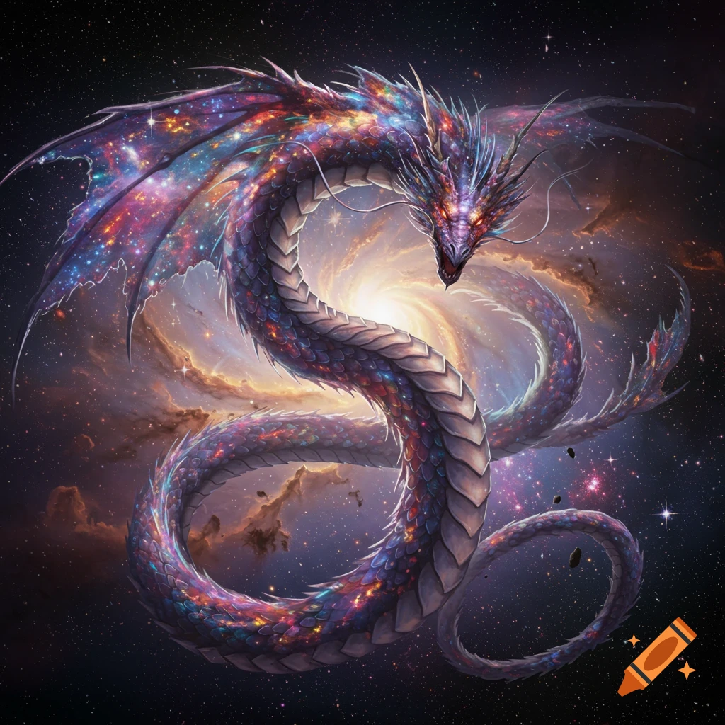 A large iridescent dragon with starry scales floats in space, curled around a glowing galaxy.