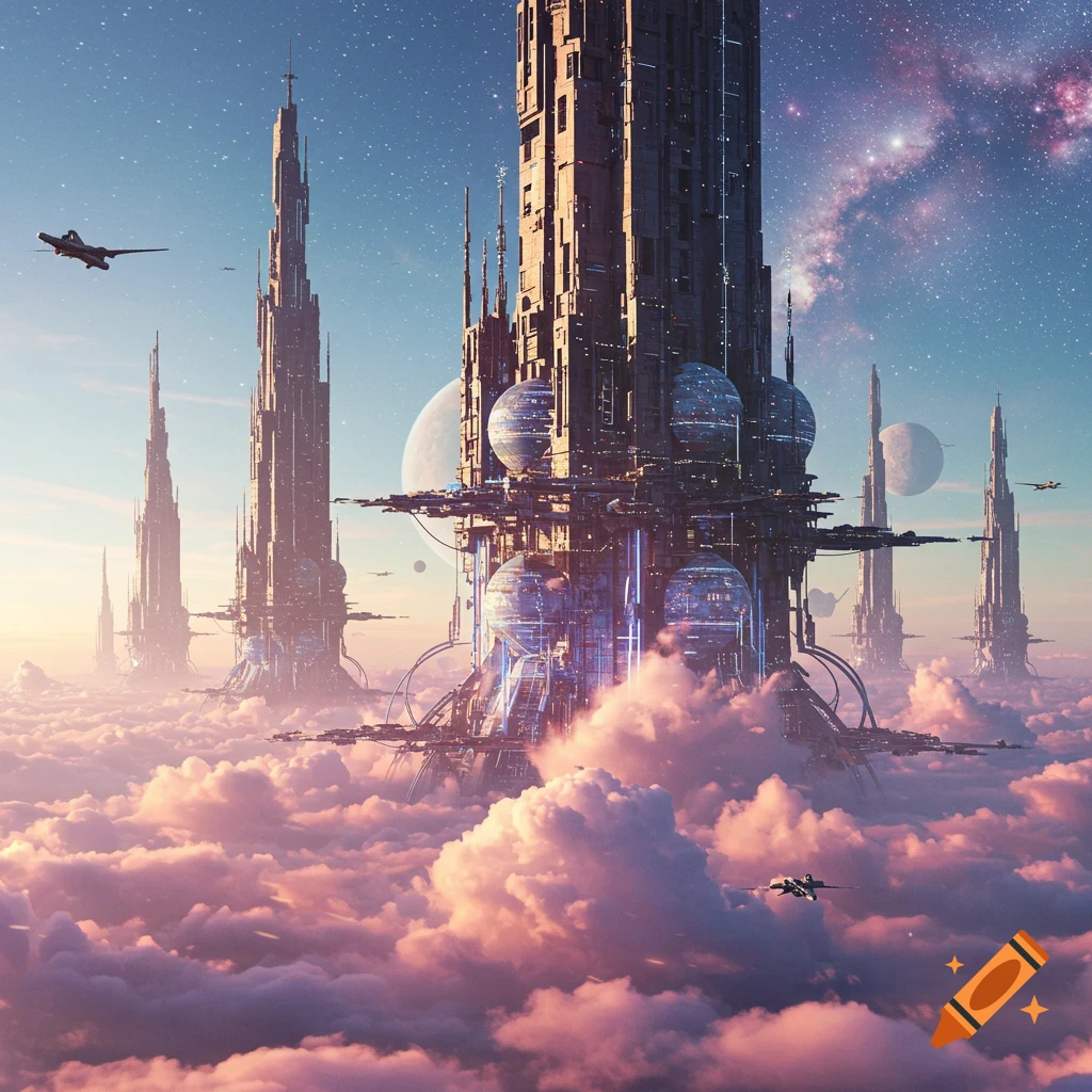 A giant futuristic city with tall spires rising above pink clouds, with planets and stars in the sky.