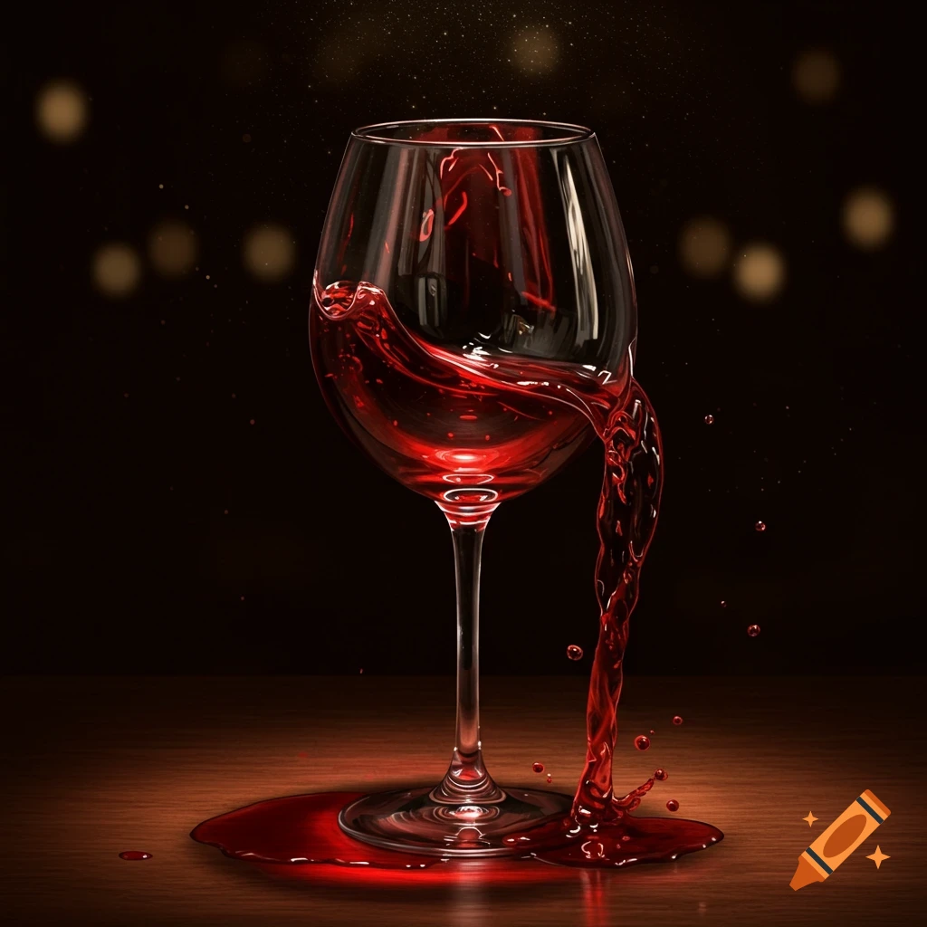 A wine glass overflowing with red wine onto a wooden surface, dark background.