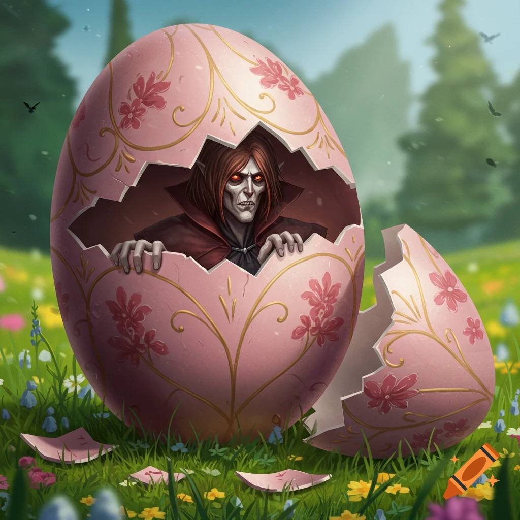 A vampire breaking out of a large pink Easter egg in a grassy field.