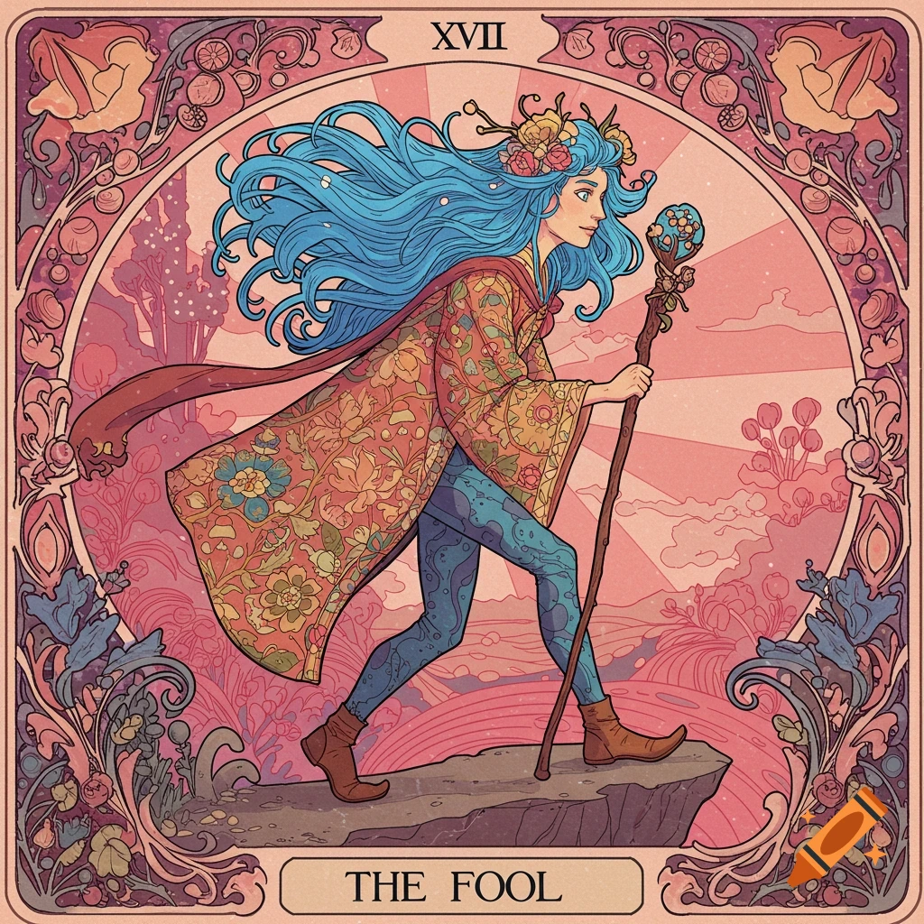Art Nouveau illustration of The Fool tarot card showing a figure walking with a staff.
