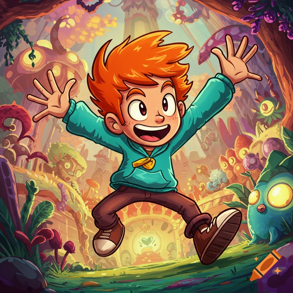 Happy cartoon boy with orange hair jumps in a vibrant fantasy forest filled with strange plants and creatures.