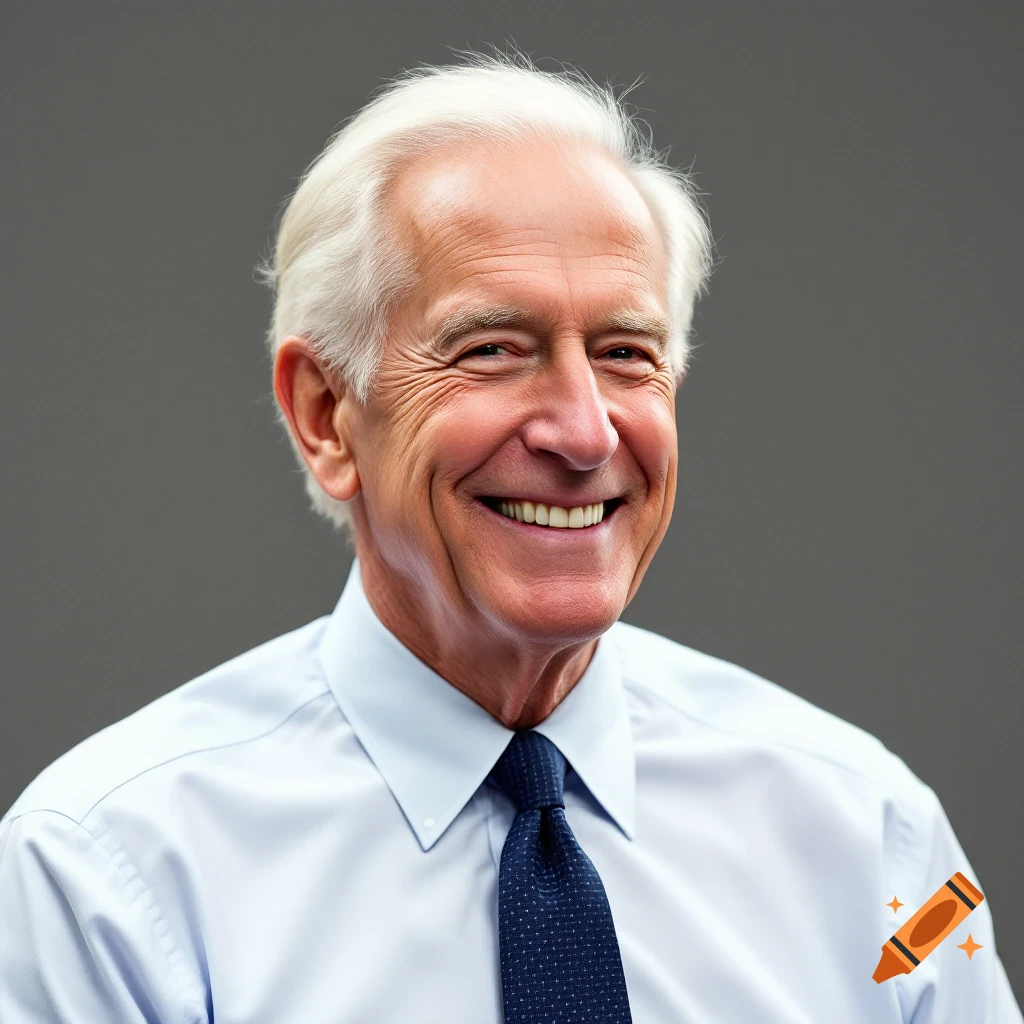 Portrait of an older man in a blue shirt and tie, smiling