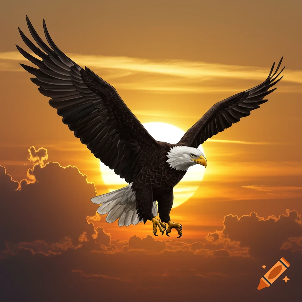 A bald eagle flies with outstretched wings in front of a bright sun at sunset.