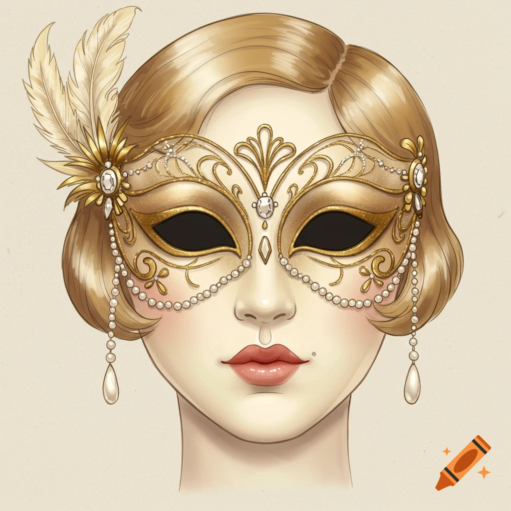 Illustration of a woman's face wearing an elaborate gold and pearl mask with feathers.