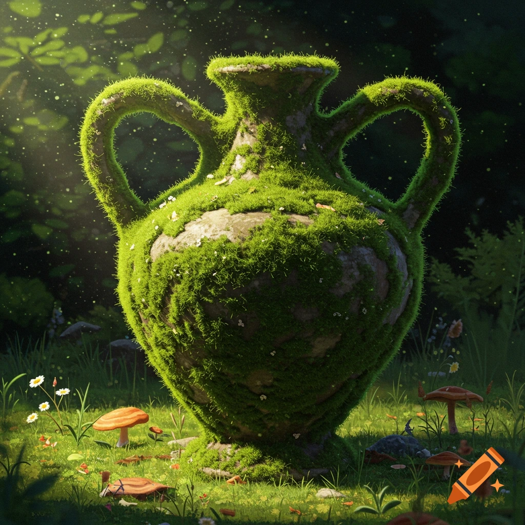 A large moss-covered amphora-like pot sits in a sun-dappled forest clearing with mushrooms and flowers.