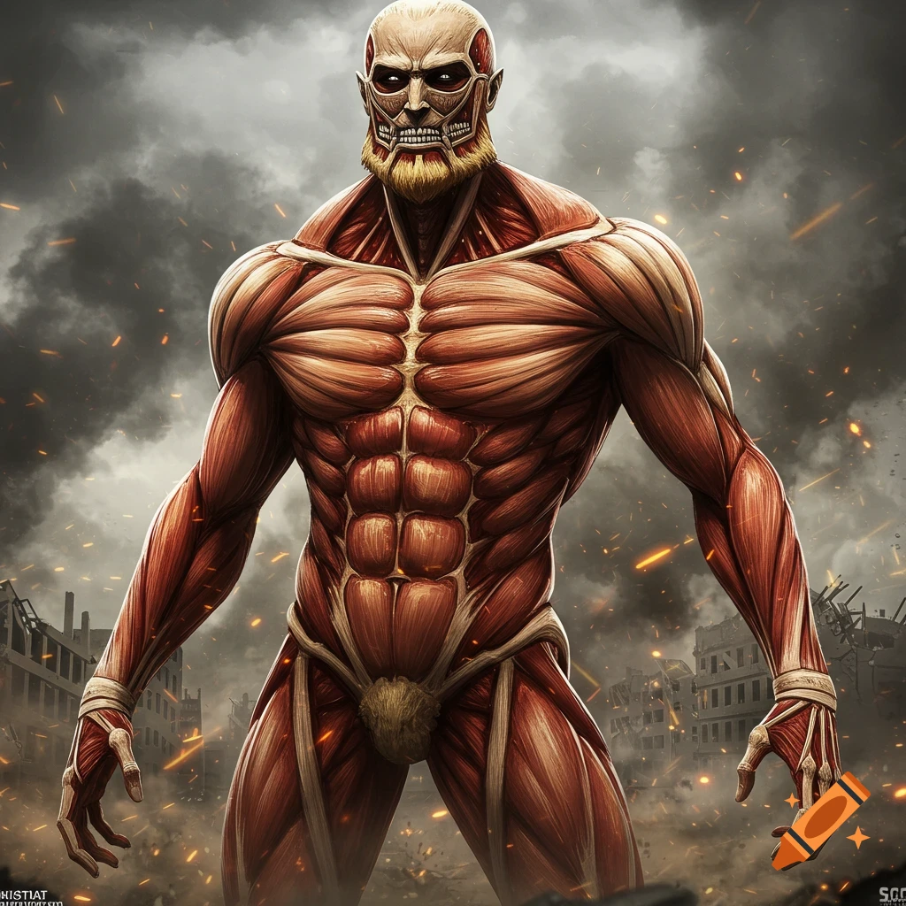 A muscular, skinless Beast Titan with a beard stands in a destroyed city.